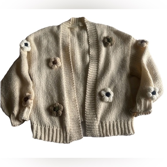Anthropologie Maeve Chunky Knitted Cream 3D Floral Embellished Cardigan - Picture 5 of 10